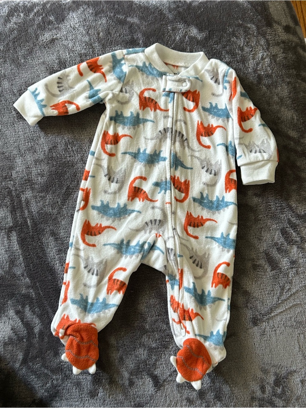 Carter's White Fleece Dino Footed One-Piece with Orange and Blue Dinosaurs 0-3M